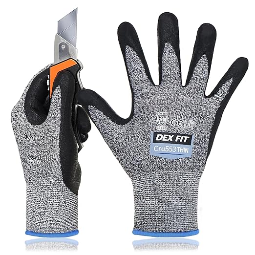 DEX FIT A5 Precision Cut Resistant Gloves Cru553 Thin - 1 Pair, Firm Grip, 3D-Comfort Fit, Lightweight & Durable, Nitrile Anti-Slip Palms,Touchscreen Compatible for Precision Assembly; Grey L (9)