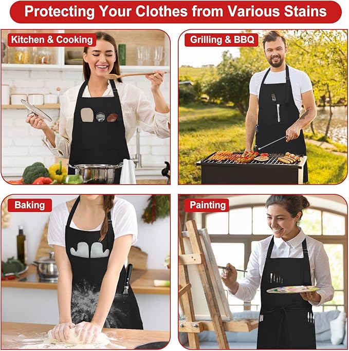 3 Pcs Dual Waterproof Oilproof Kitchen Chef Aprons with 4 Pockets for Men Women, Adjustable Soft Anti-Tear Cooking Bib Apron for Baking Grilling BBQ Painting Cleaning (Black)