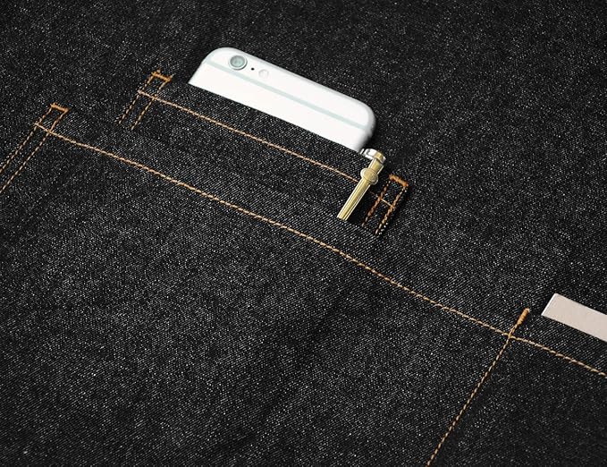 Denim Kitchen Apron with Pockets, Mens Womens Professional Chef Bib Apron for Cooking Grill BBQ Server