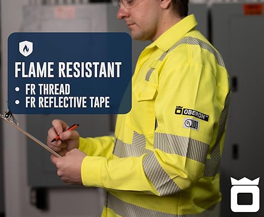 Oberon FR Arc Rated Hi Vis Button-Up Safety Shirt For Men - Flame Resistant & Reflective - 10 Cal - Class 3 - Hi Vis Yellow