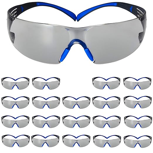 3M Safety Glasses, SecureFit, 20 Pack, ANSI Z87, Indoor/Outdoor, Scotchgard Anti-Fog Anti-Scratch, Gray Lens, Blue/Grey Frame, Flexible Temples