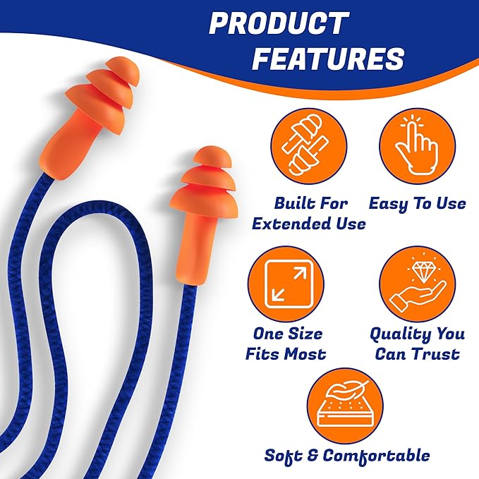 Quality Reusable Earplugs 100 Pair - 25dB Corded Silicone Ear Plugs for Shooting Construction Work Ear Plugs Motorcycle Range Hunting Hearing Protection Ear Protection for Mowing Earplugs Reusable