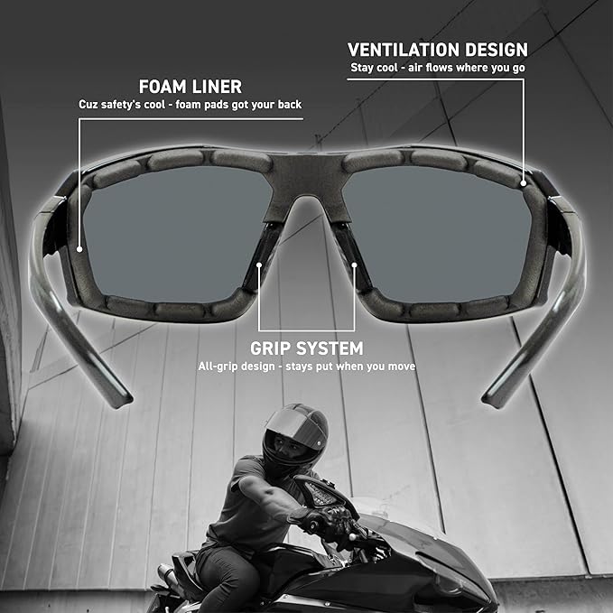 REV Z87+ Powersports Motorcycle Riding Goggles High Impact Photochromic UV400 Sports Wrap Sunglasses Safety Glasses