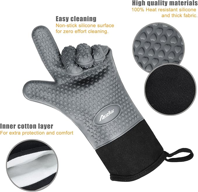 Silicone Cooking Gloves, Grilling Gloves, Heat Resistant Gloves BBQ Kitchen Silicone Oven Mitts, Long Waterproof Non-Slip Potholder for Barbecue, Cooking, Baking