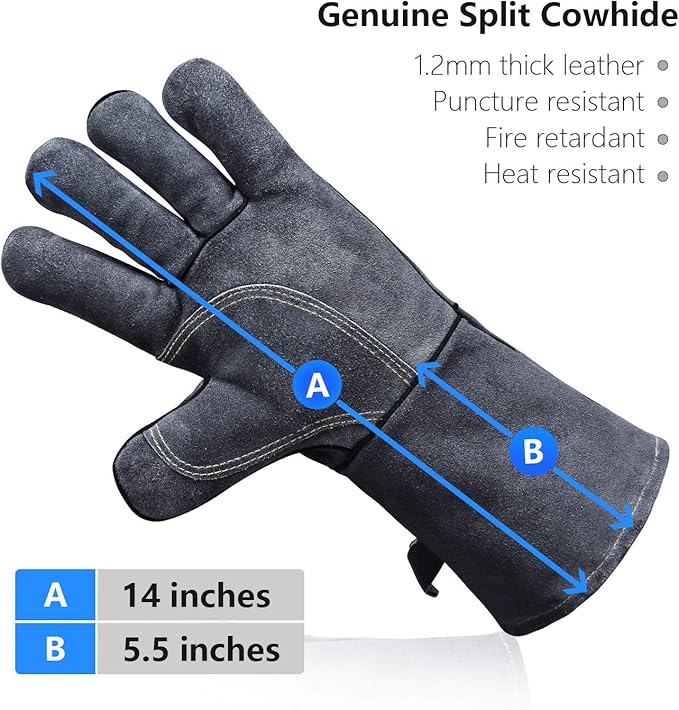 OZERO 932℉ Forge Welding Gloves 14-inch Heat Resistant Leather Grill BBQ Glove with Flame Retardant Long Sleeve and Insulated Lining for Men and Women Gray