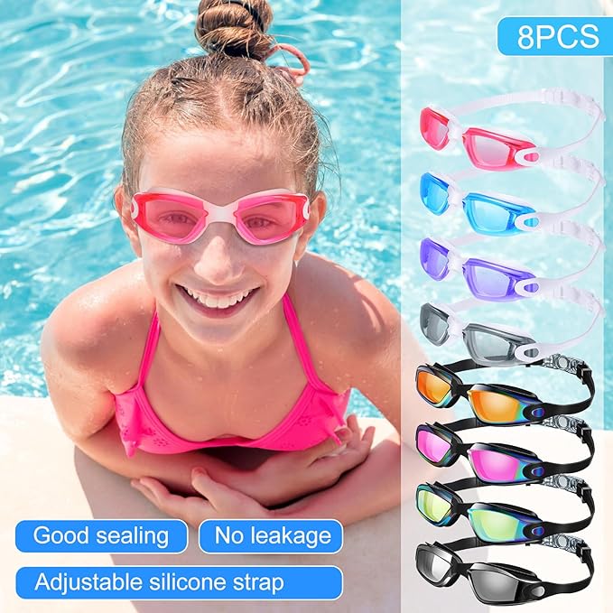Konohan 8 Pack Kids Goggles Swim Goggles for Adult Kids Swimming Glasses Anti Fog Silicone No Leak Pool Glasses