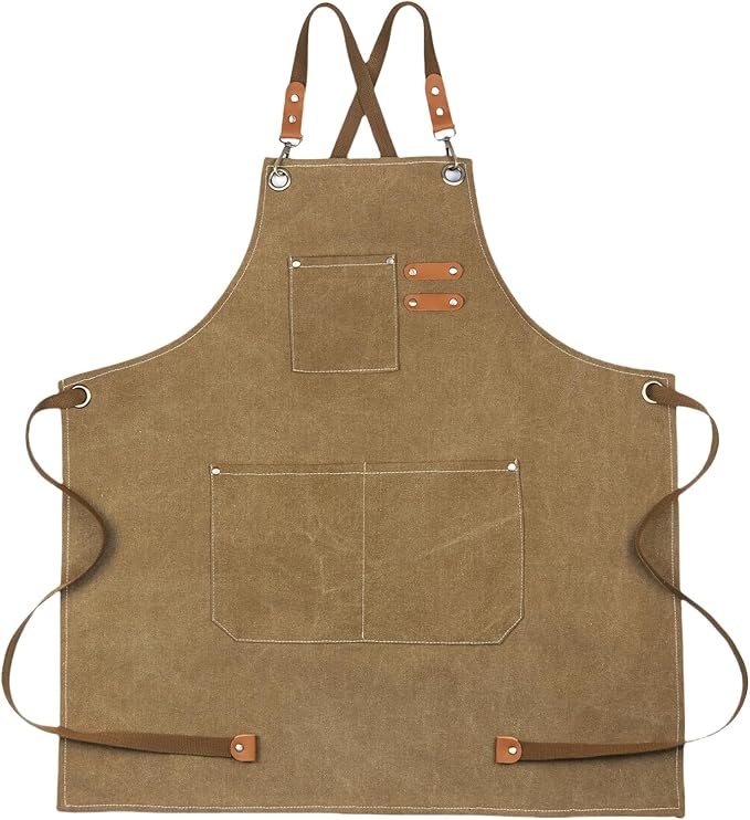Chef Apron Medium-Thick Cotton Canvas,Cross Back with Multiple Pockets Adjustable Work Apron for Men and Women (Brown)