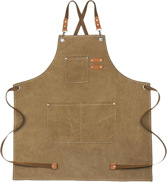 Chef Apron Medium-Thick Cotton Canvas,Cross Back with Multiple Pockets Adjustable Work Apron for Men and Women (Brown)