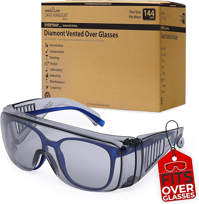 BISON LIFE Diamont Vented Over Glasses Safety Glasses | Meets ANSI Z87.1, Impact Resistant Polycarbonate Lens