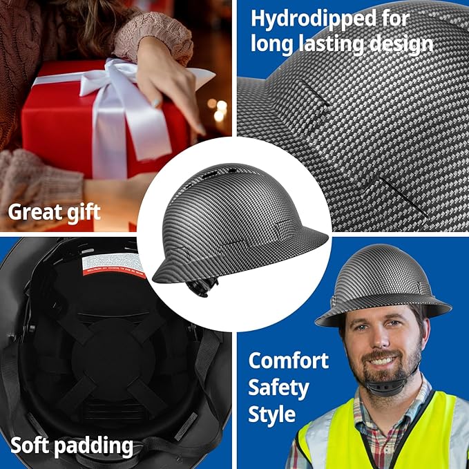 Full Brim Hard Hat - OSHA Safety Helmet Durable Lightweight Carbon Fiber Hard Hat, 6-Point Ratchet Suspension Protective Gear for Men and Women
