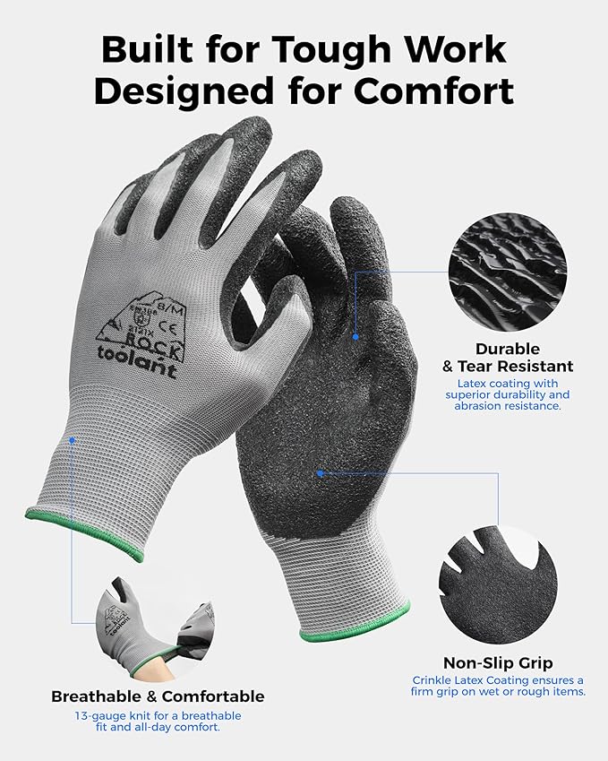 toolant Crinkle Latex Work Gloves Bulk, Rubber Coated Safety Work Gloves for Men and Women, 120 Pairs for Construction, Gardening, Warehouse (Black, XL)