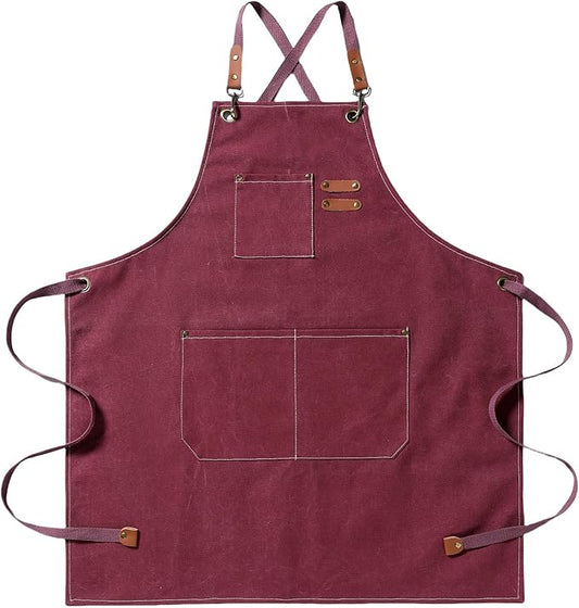 Chef Apron Medium-Thick Cotton Canvas,Cross Back with Multiple Pockets Adjustable Work Apron for Men and Women (Darkred)