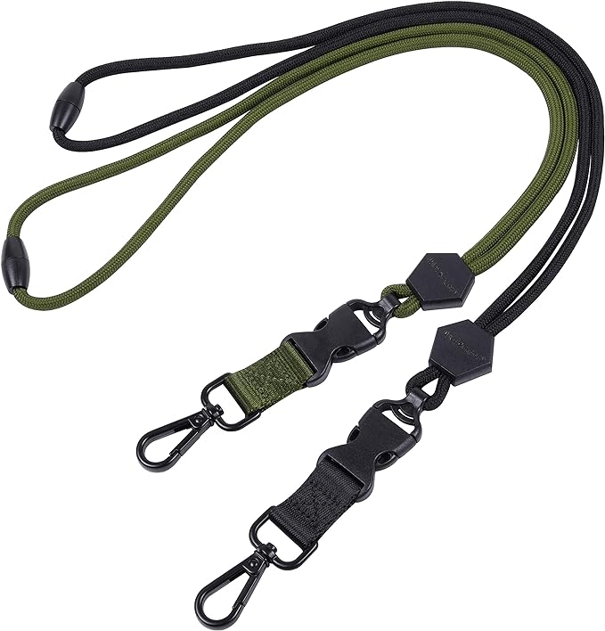 Wisdompro 2 Pack of 23 inch Durable Round Cord Heavy Duty Lanyard with Safety Breakaway Buckle, Detachable Buckle and Metal Hook for ID Card Badge Holder and Keys - Black and Army Green
