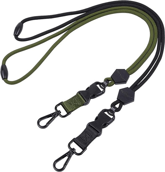 Wisdompro 2 Pack of 23 inch Durable Round Cord Heavy Duty Lanyard with Safety Breakaway Buckle, Detachable Buckle and Metal Hook for ID Card Badge Holder and Keys - Black and Army Green