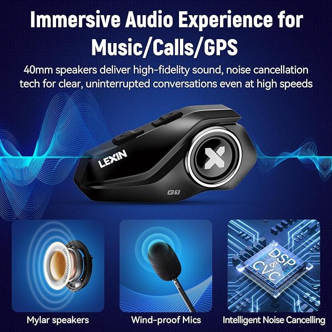 LEXIN G1 Motorcycle Bluetooth Headset, Helmet Speakers with 2 Type Mics, Hands-Free Call/Music/GPS, IP67 Waterproof Motorcycle Headphones with HD Stereo Loud Sound, 4 Color Faceplates, Singe Use
