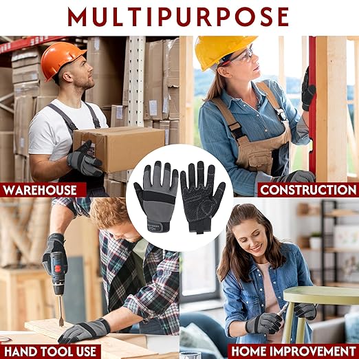 HANDLANDY Working Gloves for Men & Women, Safety Work Gloves with Grip for Warehouse Construction Garden Yard Outside (Grey-Grip, Small (Pack of 3))