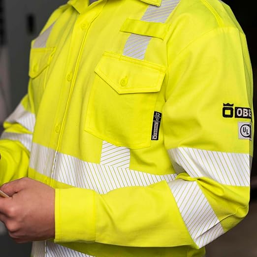 Oberon FR Arc Rated Hi Vis Button-Up Safety Shirt For Men - Flame Resistant & Reflective - 10 Cal - Class 3 - Hi Vis Yellow