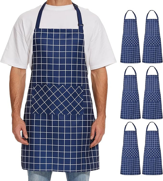 Will Well Kitchen Apron for Men and Women - 33" x 27" Oil-and-Water-Resistant with Adjustable Neck Strap and 38" Waist Ties for a Snug Fit, Lightweight with 2 Front Pockets - 6-Pack, Navy Checkered