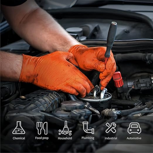 10mil Nitrile-Gloves Disposable-Orange Chemical-Resistant Rubber - Mechanic Gloves Heavy Duty, Latex Free, Diamond Grip (500, Large)