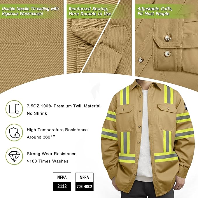 Welding Jacket 7.5oz FR Shirts for Men, High Vis Flame Resistant Mens FR Shirts with Reinforced Sewing, Durable Men's Fire Retardant Welding Shirts for Men, Meets NFPA2112, Khaki-ZRWD S
