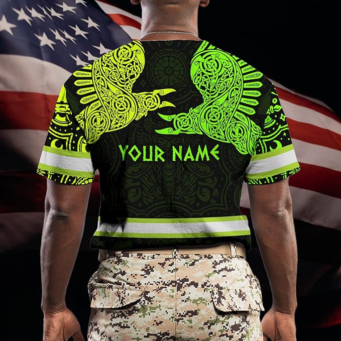 Matedecor Skull High Visibility Shirt Men Reflective Safety Shirts US Flag Custom Name Workwear, Runners, Walkers, Patriotic