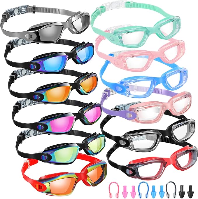 Xuhal 12 Pack Swim Goggles for Adult Anti Fog Swimming Glasses Leak Proof Swim with 12 Waterproof Nose Clips