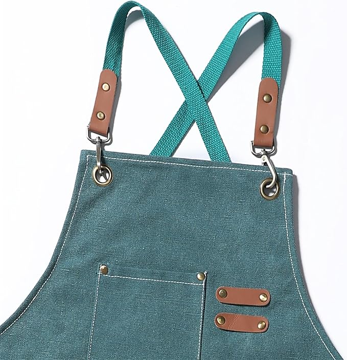 Chef Apron Medium-Thick Cotton Canvas,Cross Back with Multiple Pockets Adjustable Work Apron for Men and Women (Darkgreen)