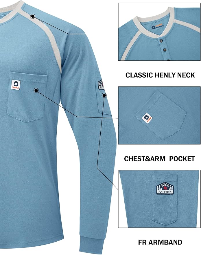 FR Shirts for Men CAT2 Flame Resistant Shirts 6.5oz Light Weight Long Sleeve Fire Retardant Shirts