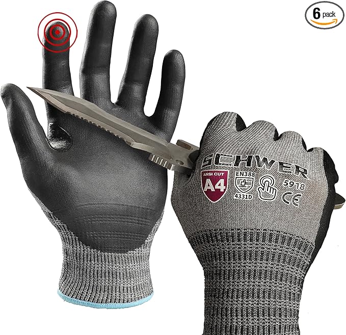 Schwer AIR-SKIN Cut Resistant Gloves AR5918 with Extreme Lightweight & Thin, ANSI A4 Wire Metal Gloves for Refined Work, Touch-screen, Fiberglass-free, 3D-Comfort Fit, Breathable, Non-PFAS, 6 Pair, L