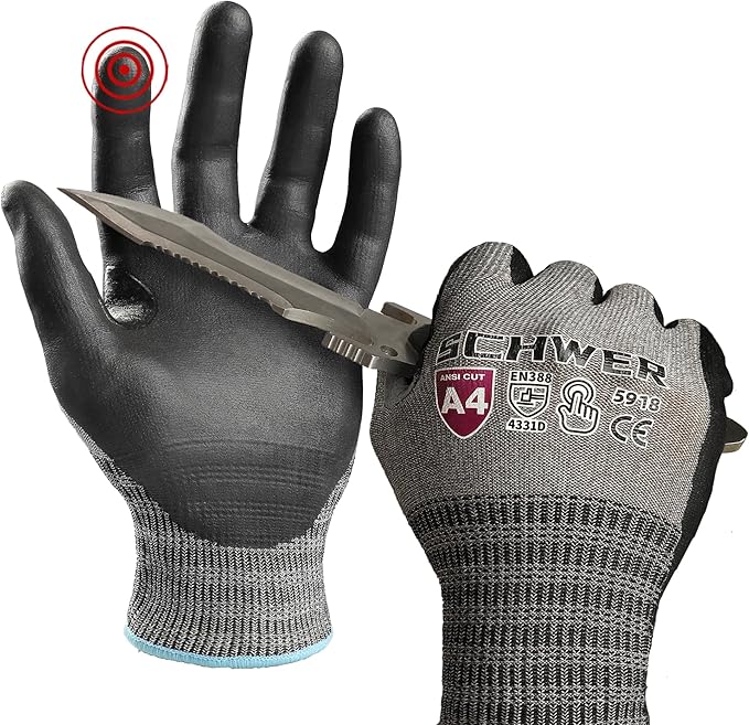Schwer A4 AIR-SKIN Cut Resistant Work Gloves AR5918 with Extreme Lightweight & Thin, Grip Gloves for Fishing, Refined Work, Mechanic, Gardening, Touch-Screen, Non-PFAS, 3D-Comfort Fit, 1 Pair (S)