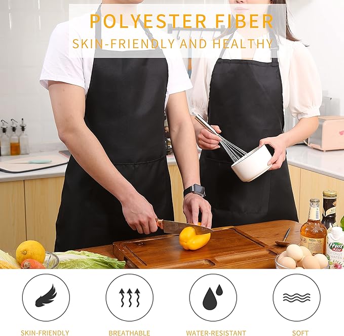 Tosewever 4 Pack Adjustable Bib Apron Waterdrop Resistant Apron with Pocket, Cooking Kitchen Restaurant Aprons for Women Men Chef, BBQ Drawing Crafting Outdoors (Polyester-Black, 4)