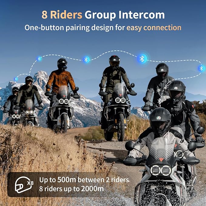 Fodsports FX8 Pro Motorcycle Communication Systems with Customized HRSQS Speakers, Dual-Chip Audio Multitasking, One-Click Fast Pairing, Music Sharing, FM 10 Riders Group Intercom, 2 Pack