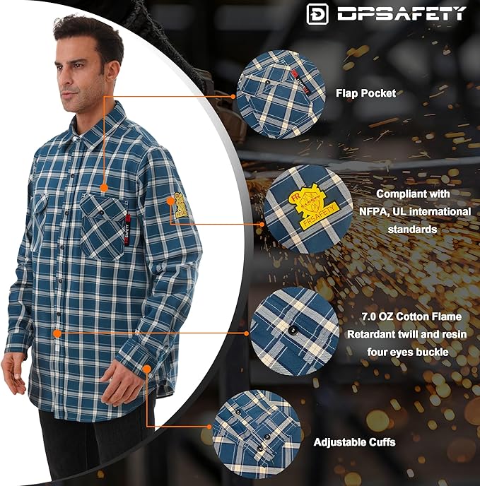 FR Shirts for Men 7oz Fire Resistant Shirts NFPA CAT2 Welding Shirt 100% Cotton Flame Resistant Shirt Blue/Plaid(Large)