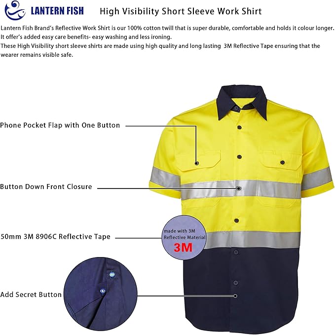 LANTERN FISH High Visibility Shirts Reflective Work Safety Hi Vis Button Up Shirts for Men Cotton Class 3