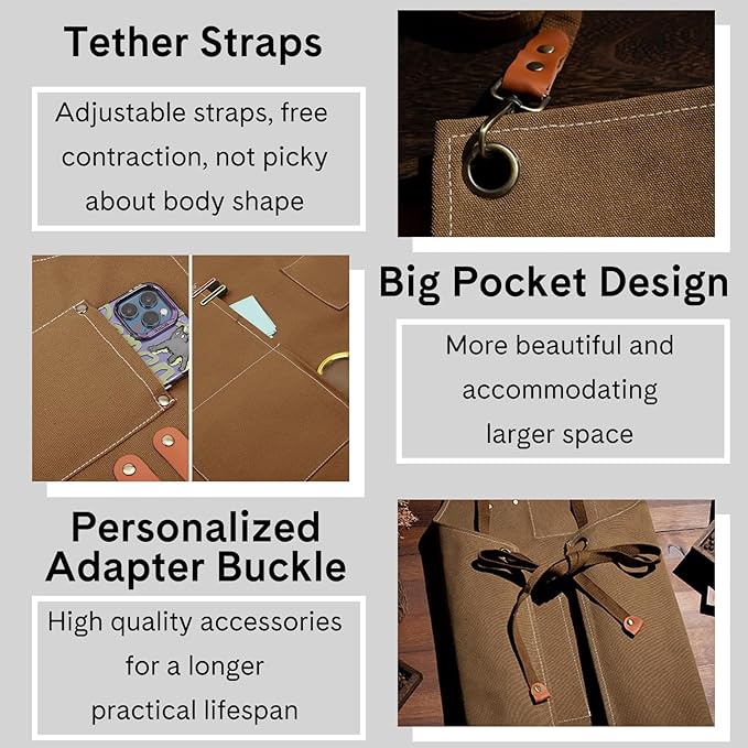 Chef Aprons for Women Men with Large Pockets, Polyester cotton hick canvas Waterproof Work Aprons,Adjustable Straps