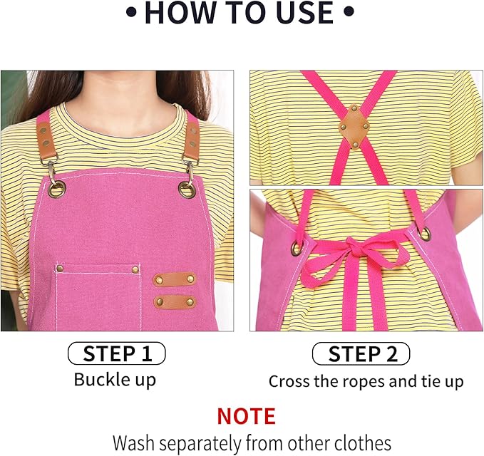 Apron for Women,Baking Kitchen Cooking Apron with Pockets, Cotton Canvas Cross Back Apron with Adjustable Strap and Large Pockets,BBQ Drawing Crafting Aprons for Women Chef (Pink)