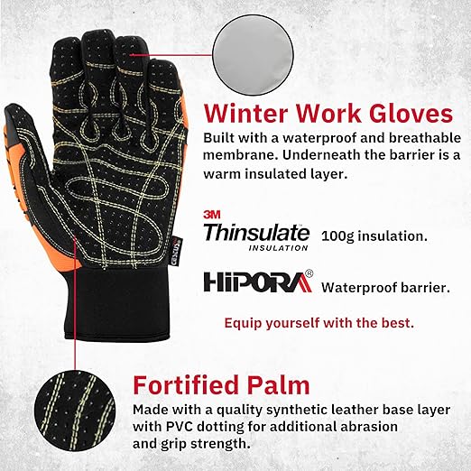 Cestus 5025, Winter Work Gloves for Men, Insulated Impact Gloves, Waterproof and Warm for Cold Weather Construction, Trucking (Large)