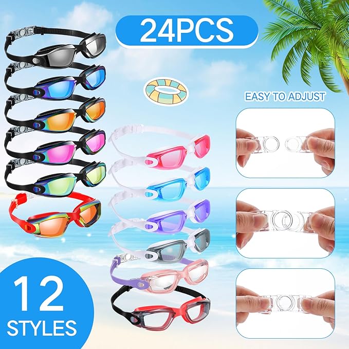 Konohan 24 Pack Swim Goggles Bulk for Kids adult Pool Goggles Anti Fog Silicone No Leak Swimming Glasses for Men Women Youth