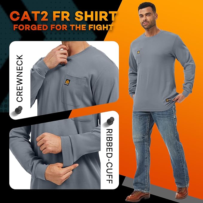 WORKWEYA Men's FR Shirts 6.5oz Lightweight Long Sleeve Flame Resistant T-Shirt NFPA 2112/CAT2