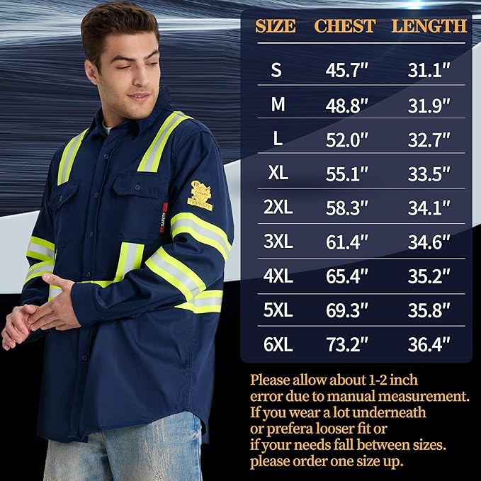 SRsafety Hi Vis FR Work Shirts,7.0oz Long Sleeve Flame Resistant Shirts for Men,100% Cotton High Visibility Fire Shirt