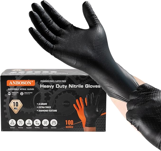 10 Mil Nitrile Disposable Gloves Heavy Duty Mechanic Gloves Raised Diamond Texture Thick (Black of 1000, Large)