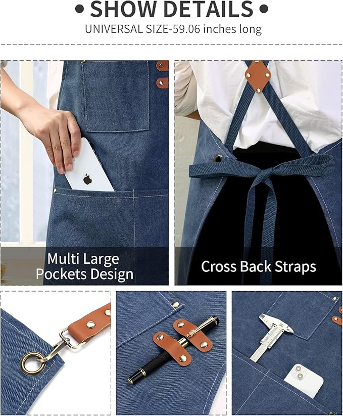 Cotton Canvas Cross Back Apron for Men and Women,Chef Apron With Adjustable Strap and Large Pockets,Kitchen Cooking Baking Bib Heavy Duty Work Apron