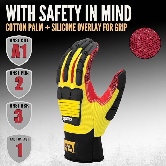 Cestus 3104, Impact Gloves (1,3,10,50 Pairs) Fabric Palm with Silicone Overlay for Grip, Heavy Duty Safety Work Gloves
