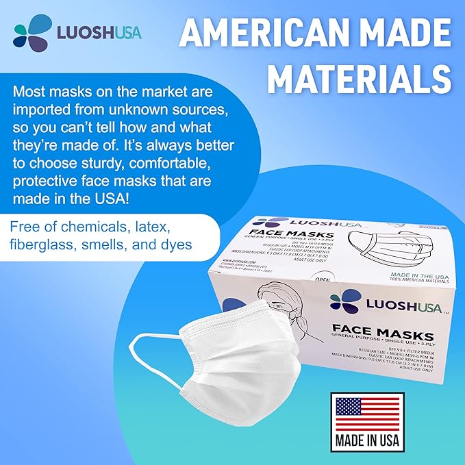 Face Masks Disposable Made in USA, 3 Ply Disposable Masks 50pcs,Adult Mask, Kids Mask, Black Masks, White Masks