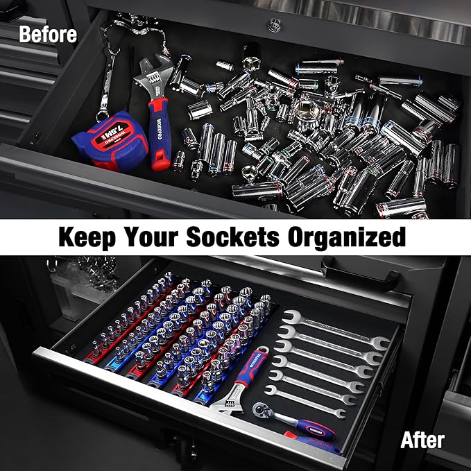 WORKPRO Magnetic Socket Organizer Set, 3-Piece Aluminum Alloy Socket Rail, Heavy Duty Socket Holder, Socket Rack Kit 1/4-Inch x 12 Clips, 3/8-Inch x 10 Clips, 1/2-Inch x 10 Clips (Red)
