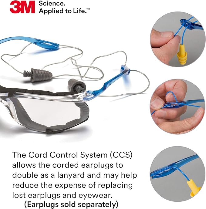 3M Safety Glasses, Virtua CCS and Virtua Sport CCS 2-Pack, Anti-Fog, Anti-Scratch, Clear Lens, ANSI Z87, Corded Ear Plug Control System, Removable Foam Gasket