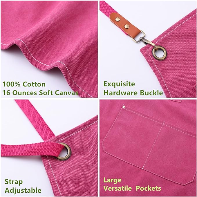 Chef Apron Medium-Thick Cotton Canvas,Cross Back with Multiple Pockets Adjustable Work Apron for Men and Women (Pink)