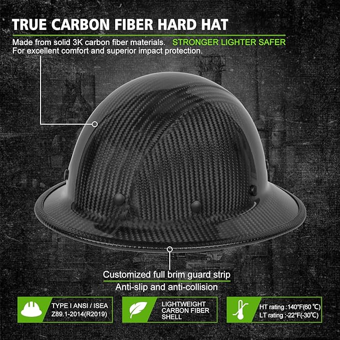 GREEN DEVIL Carbon Fiber Full Brim Hard Hat OSHA & ANSI Rated Hardhat for Men with Brim Guard