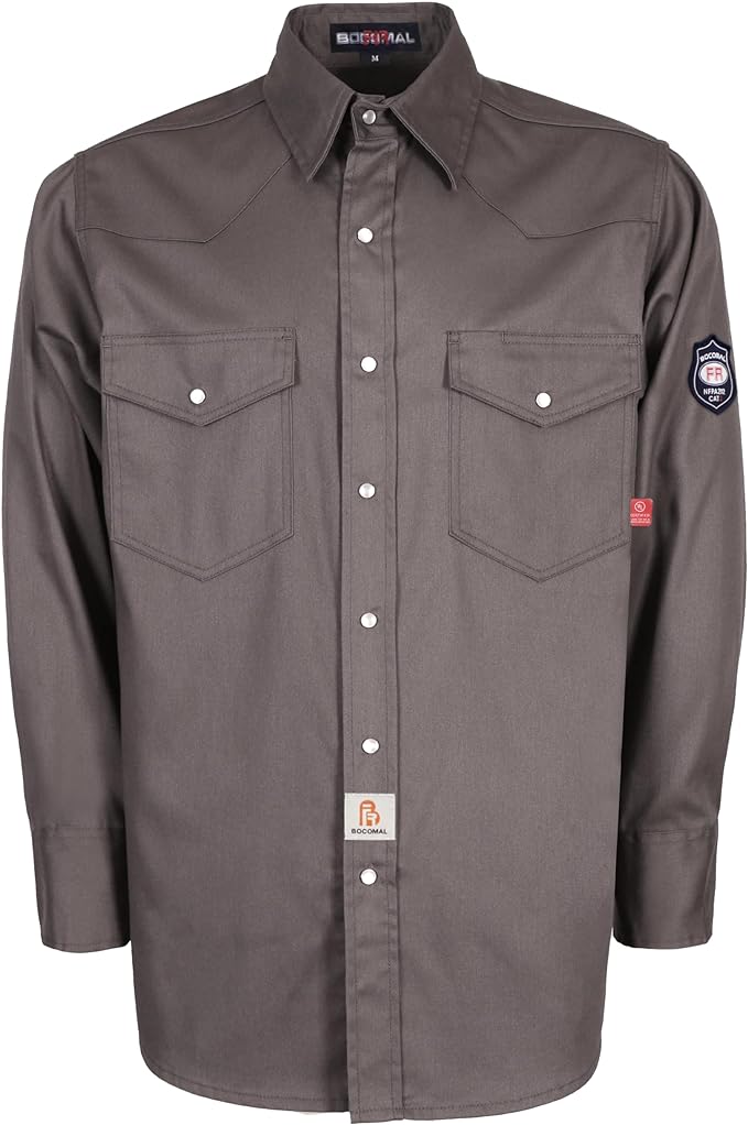 BOCOMAL FR Shirts Flame Resistant 100% C NFPA2112 7.5oz Men's Fire Retardant Welding Shirt