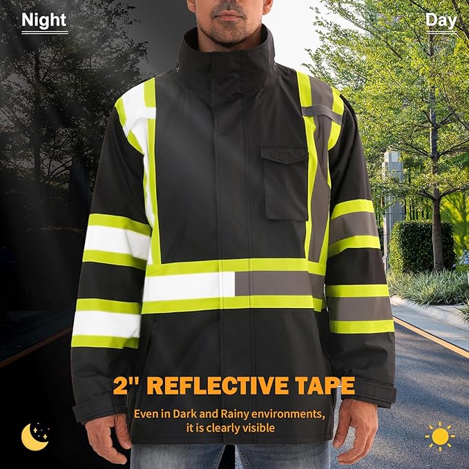 Reflective Rain jackets for men waterproof,Hi Vis Safety Coat With Reflective Strips，High Visibility Class 3 Rain jackets With 2 large pockets，Zipper,Black ，LG/XL